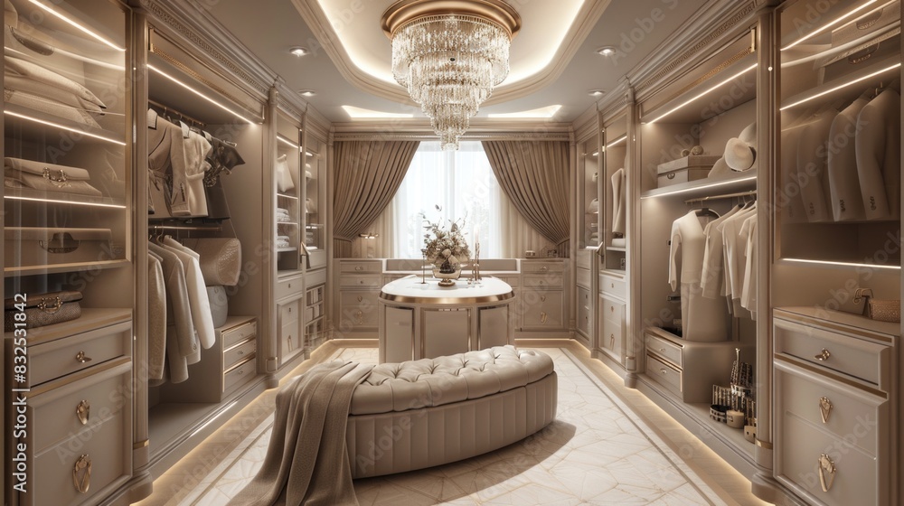 Poster a luxurious walk-in closet with elegant chandelier and comfortable bench. ideal for interior design 