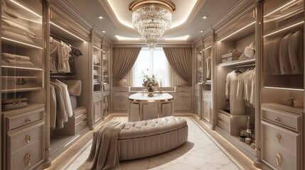A luxurious walk-in closet with elegant chandelier and comfortable bench. Ideal for interior design concepts
