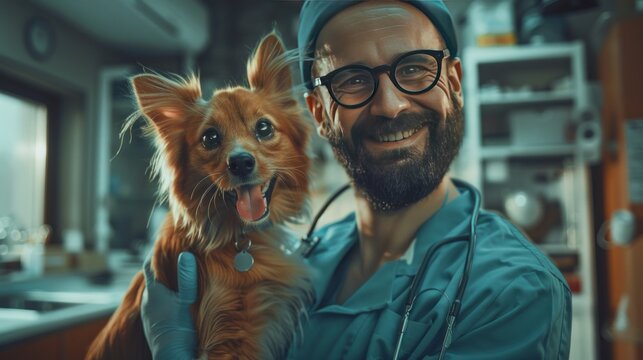 Smiling vet doctor with dog pet and fluffy cat