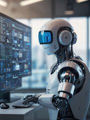 worker robot in front of transparent monitor screen with Generative AI Technology