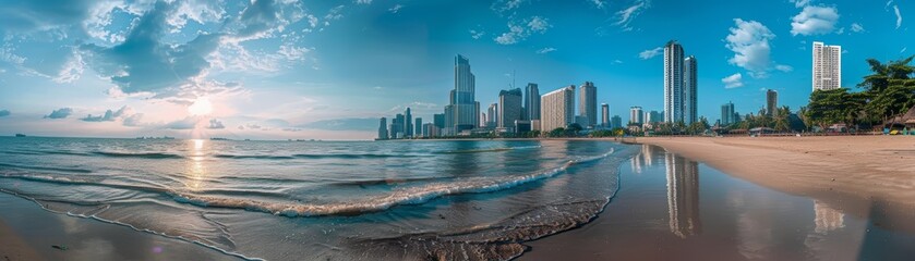 Fototapeta premium Sunrise over calm ocean with city skyline in the distance.