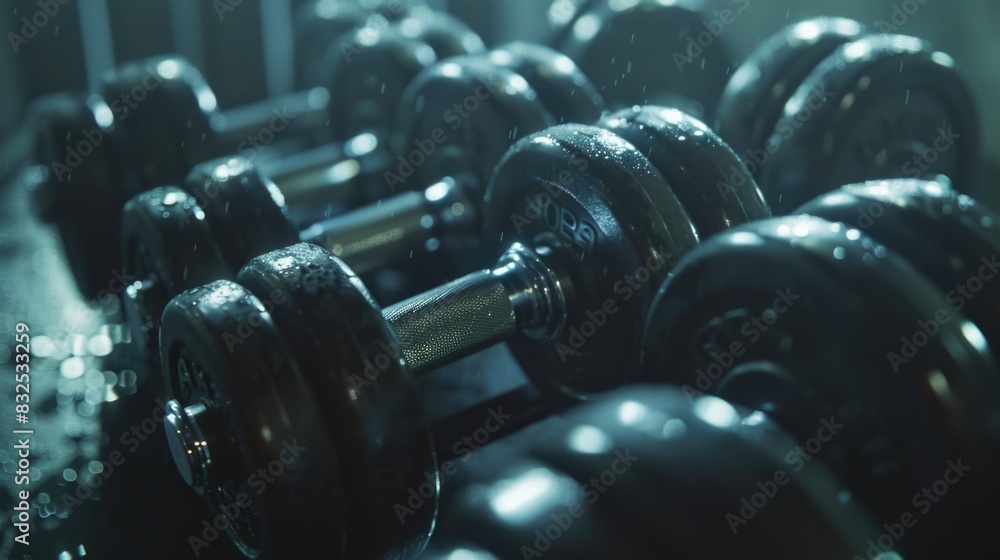 Poster close up of a bunch of dumbbells in a gym. perfect for fitness and workout concepts