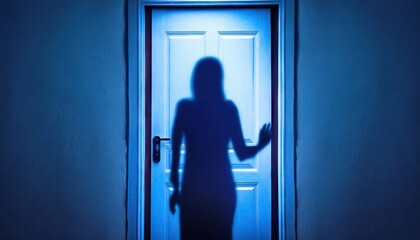 Fototapeta premium Blurred shadow in blue light outside the door. The concept of nightmares, ghosts, horror, paranormal