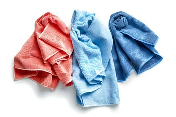 Photo of Crumpled Cleaning Cloths in Various Colors Isolated on White Background