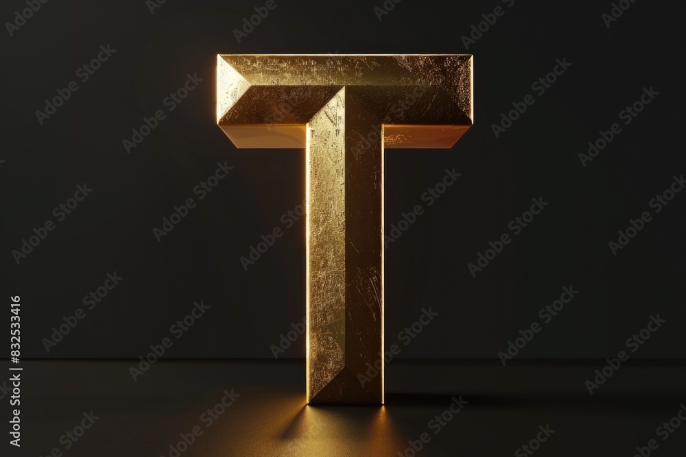 Poster A striking golden letter T on a sleek black background. Ideal for branding and design projects