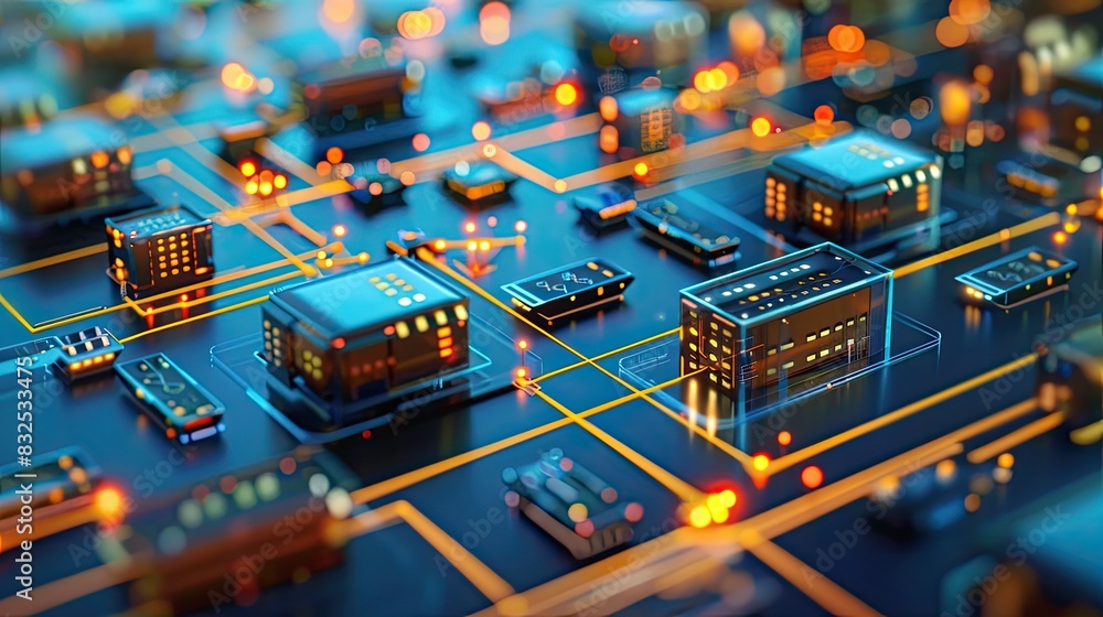 Aufkleber close-up view of a futuristic circuit board with glowing components, showcasing advanced technology 