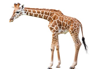 Obraz premium Adorable baby giraffe with long legs and neck isolated on white background