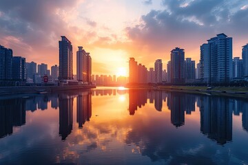 Fototapeta premium Cityscape with buildings reflecting the colors of a sunset background