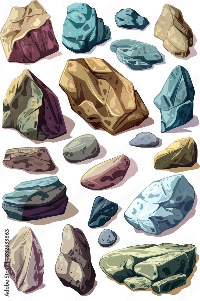 Poster A collection of various rocks and stones on a white surface. Suitable for design projects and educational materials
