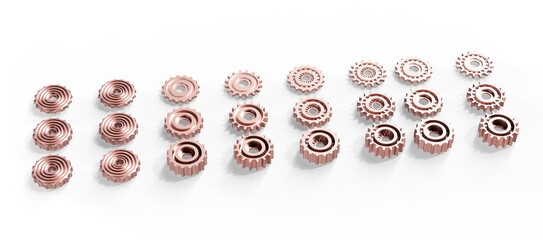 Connecting gears on white 3d render