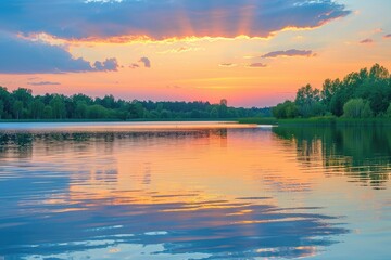 Fototapeta premium Peaceful lake reflecting the colors of a beautiful sunset background