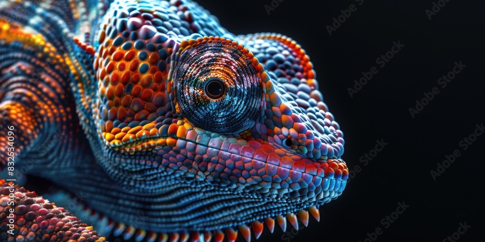Poster close up of a colorful chameleon's face, suitable for nature and wildlife projects