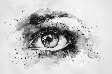 Abstract black and white watercolor eye illustration with splashes and brush strokes, perfect for artistic and design projects.
