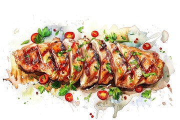 A realistic watercolor painting of a piece of meat on a plate. Suitable for food industry promotions