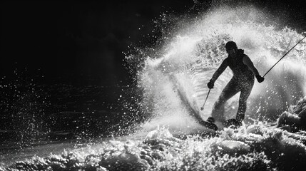 Obraz premium Man riding skis on top of a wave, perfect for sports and adventure concepts