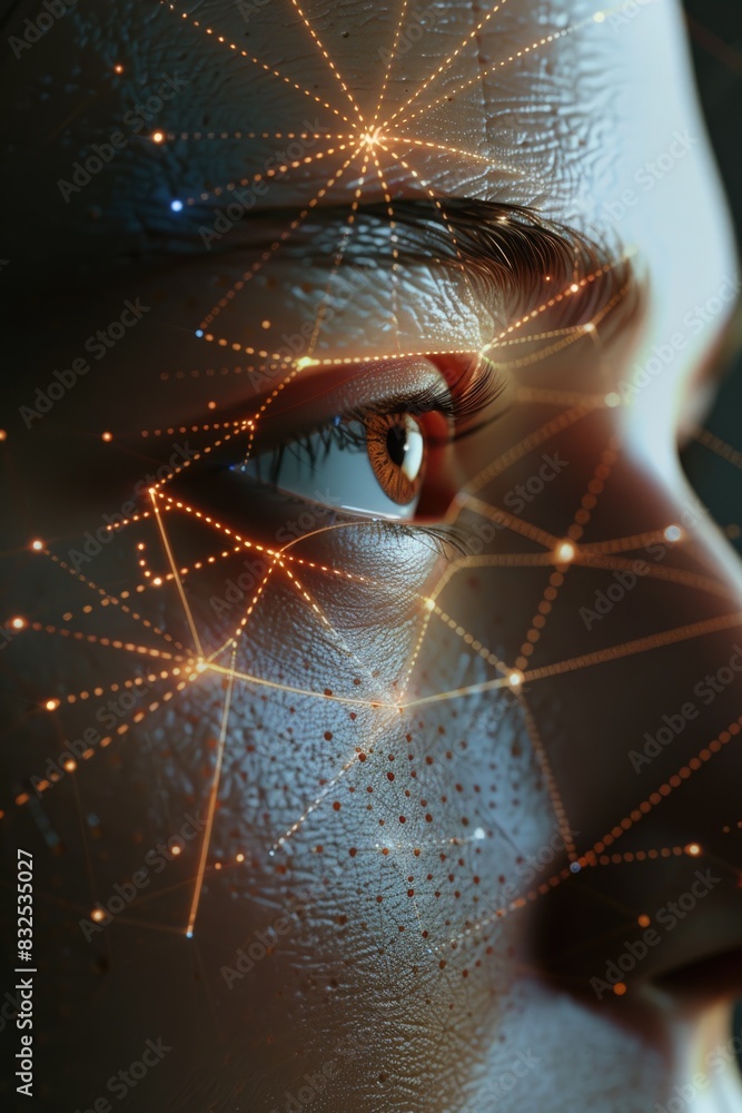 Poster close up of a person's face with intricate lines and dots. ideal for skincare and dermatology concep
