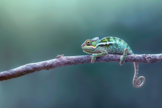 Chameleon perched on branch with mouth open, ideal for nature themed designs - Powered by Adobe