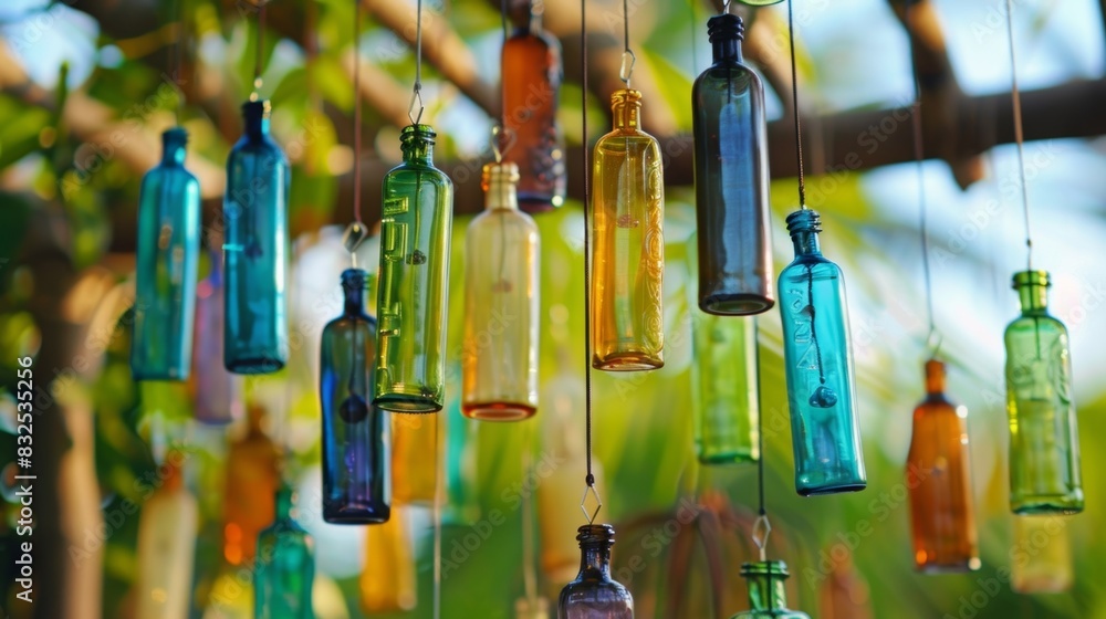 Poster a rustic wind chime made from repurposed glass bottles creating enchanting music with every breeze.
