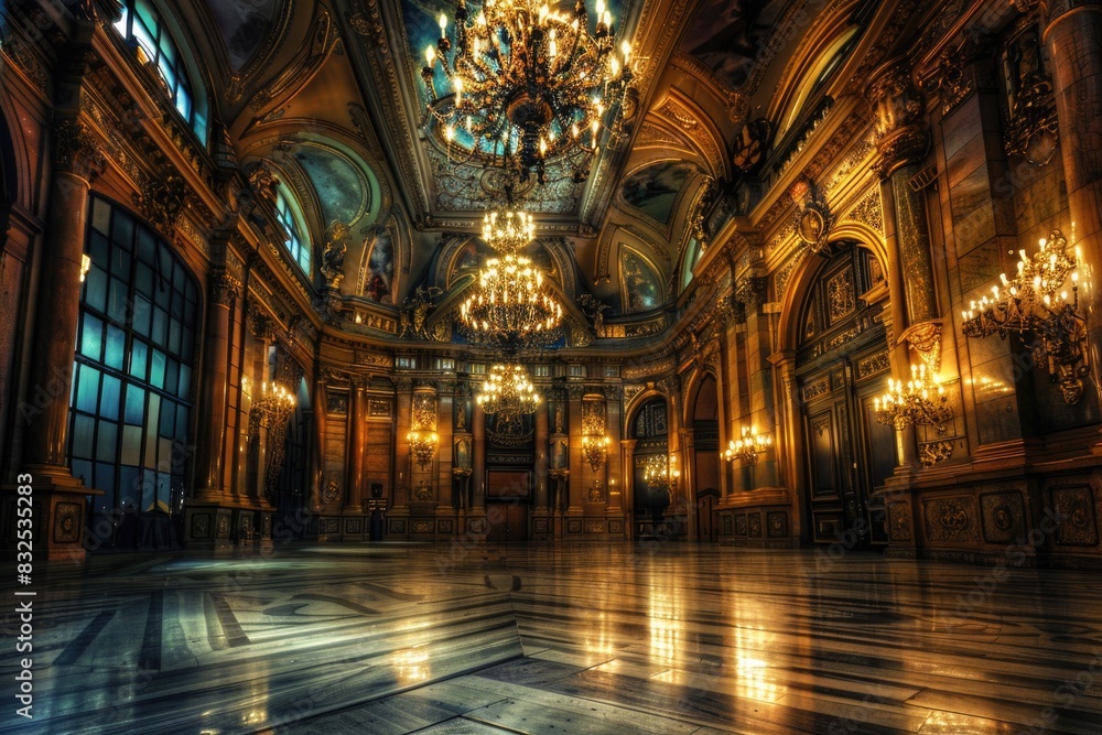 Poster A large room with a chandelier and plenty of natural light. Suitable for interior design concepts