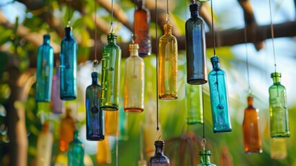 A rustic wind chime made from repurposed glass bottles creating enchanting music with every breeze.
