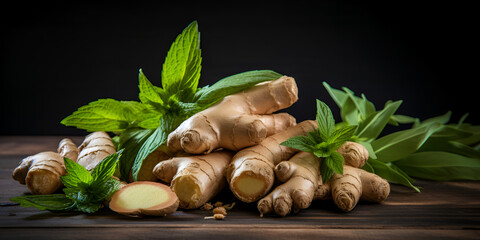  AI Generative. Ginger root vegetable organic eco food nutrition culinary spicy healthy fresh herb. Graphic Art