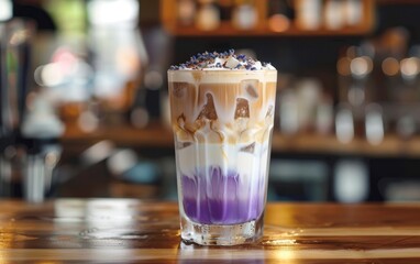 Layered iced lavender latte with visible lavender essence in a clear glass focus on, flavorful fusion, futuristic, multilayer, hip coffee bar backdrop