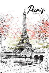 Vector illustration of Eiffel Tower and the river Seine, Paris, France, Europe. Freehand drawing. Sketchy lineart drawing with a pen on paper. Sketch in black color isolated on white background.