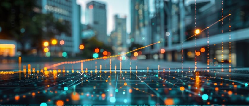 Scatter plot correlating financial indicators with team collaboration close up, investment strategy, dynamic, multilayer, outdoor office park backdrop