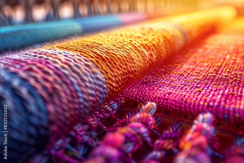 Poster a close up of a colorful weaving machine with many colors of yarn