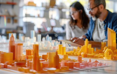 3D printed models of cityscapes in a city planning lab with planners reviewing them close up, technological advancements, whimsical, multilayer, innovation lab backdrop