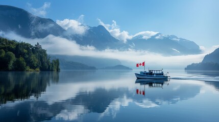 Canadian flag flying from a boat on a scenic lake, surrounding mountains. Canada Day, Civic Holiday