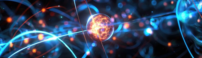 Animated visualization of electrons in different energy levels orbiting a nucleus focus on, atomic interactions, realistic, silhouette, university lab backdrop