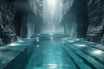 Mystical Indoor Pool in Underground Cave with Dramatic Lighting and Tranquil Water Reflection