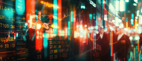 Candlestick chart showing stock price fluctuations with a team of analysts working close up, market insights, ethereal, double exposure, trading floor backdrop