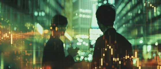 Candlestick chart showing stock price fluctuations with a team of analysts working close up, market insights, ethereal, double exposure, trading floor backdrop