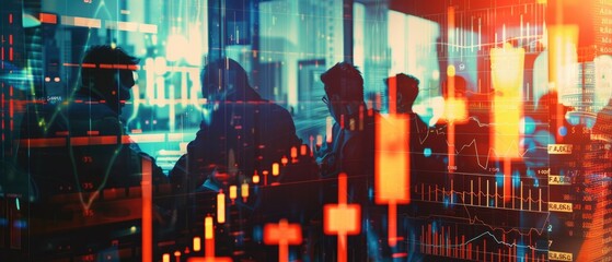 Candlestick chart showing stock price fluctuations with a team of analysts working close up, market insights, ethereal, double exposure, trading floor backdrop