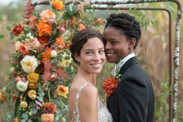 Interracial lesbian couple sharing a loving embrace on their wedding day, framed by a vibrant floral arch in an outdoor setting