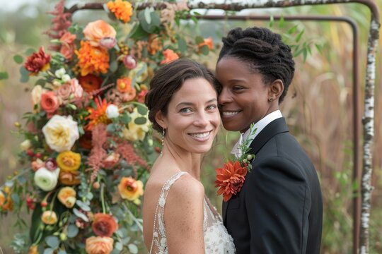 Interracial lesbian couple sharing a loving embrace on their wedding day, framed by a vibrant floral arch in an outdoor setting