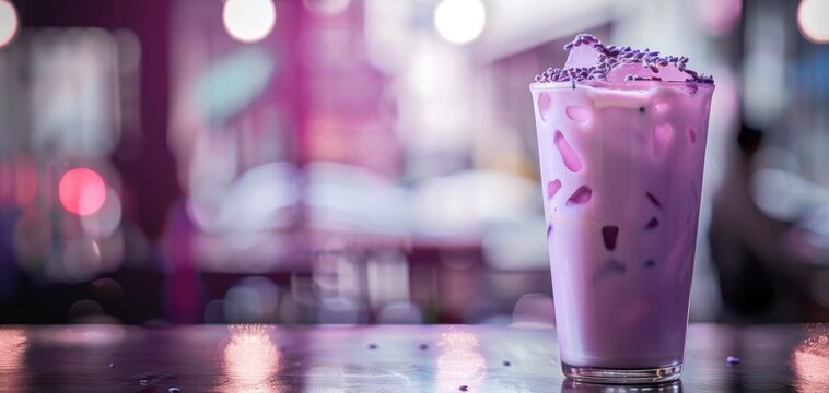 Closeup of an iced lavender latte with condensation on the glass focus on, refreshing treat, realistic, silhouette, trendy cafe backdrop