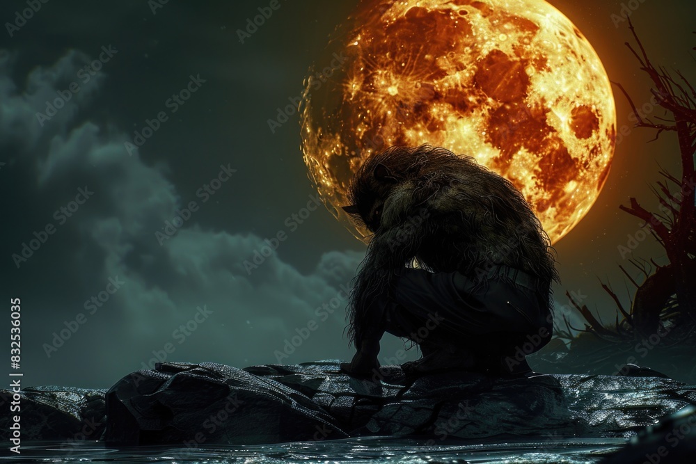 Poster a man sitting on a rock under the full moon. suitable for nature and relaxation concepts