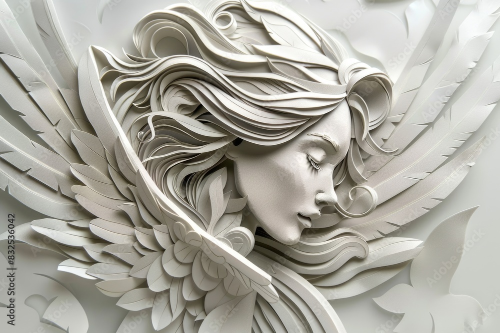 Poster a unique paper sculpture of a woman's face with wings. suitable for artistic and creative projects