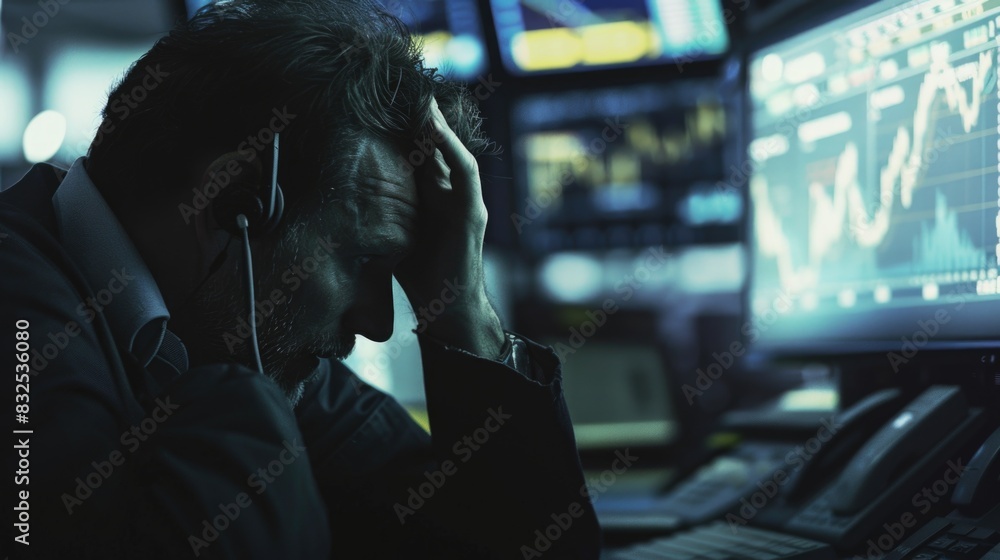 Poster a man sitting in front of a computer with his head in his hands. suitable for illustrating stress at