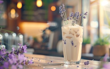 Iced lavender latte in a clear glass with a lavender sprig garnish close up, refreshing drink,...