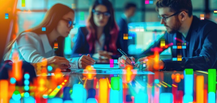 Heatmap of sales data with a diverse business team engaged in a meeting close up, market analysis, vibrant, overlay, coworking space backdrop