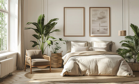 Um quarto bo&ecirc;mio com cama bege, poltrona e vasos de plantas perto da janela. Design de interiores minimalista de uma sala de estar moderna. Luz natural brilhante proveniente das janelas.