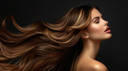 Naklejka premium Photography elegant high-end hair care advertisement featuring a woman with flowing brown hair., A beautiful woman with long flowing brown hair and highlighted makeup on a dark background.
