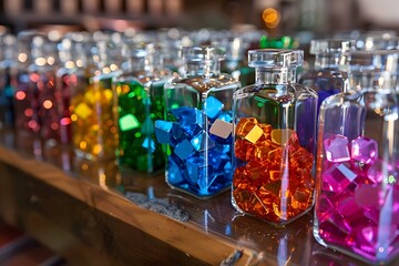 Vibrant Arrangement of Colorful Glass Bottles Displayed on Bar Shelves