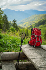 Hiking in the mountains with a backpack.