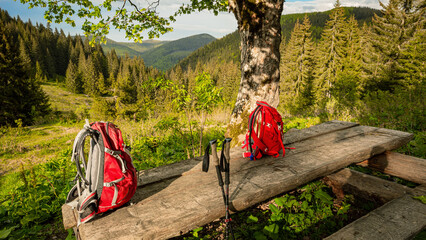 Hiking in the mountains with a backpack.