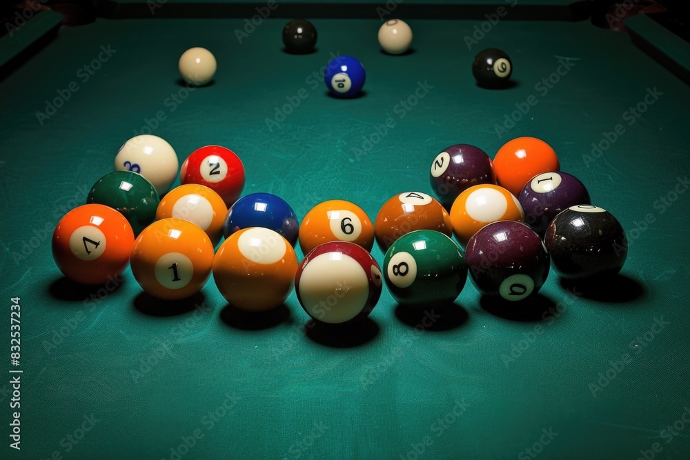 Poster a pool table with a number of billiards on it. ideal for sports and leisure concepts